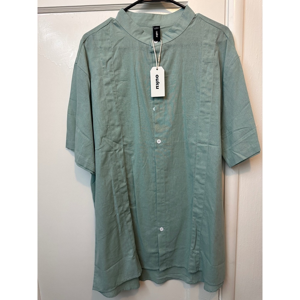 Ouku Sage Green Cotton Linen Mandarin Collar Short Sleeve Button Down‎ Shirt 2XL
